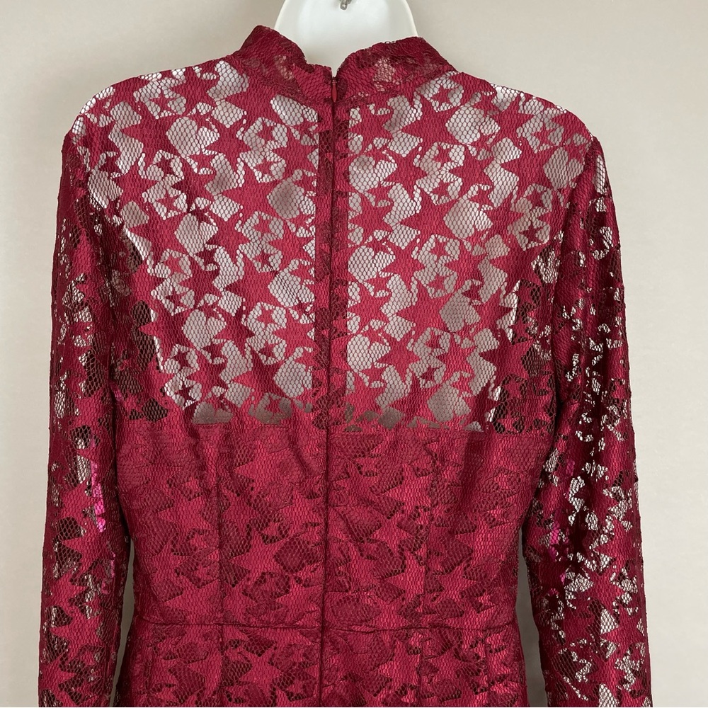 Betsey Johnson Dress Red Star Lace Sheath Illusion Long Sleeve Sheer Maroon 12 - Picture 10 of 14